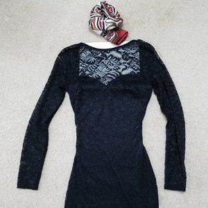 Party Black Bodycon Sheer Lace  Long Sleeve Mini Dress